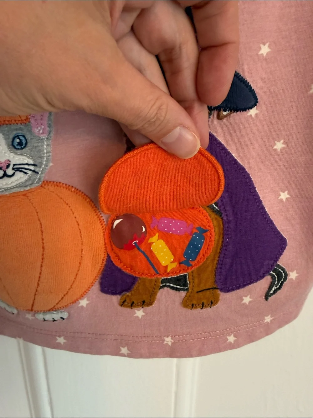 Mini Boden Pink Long-Sleeve Halloween Top with Puppy & Pumpkin Appliqués